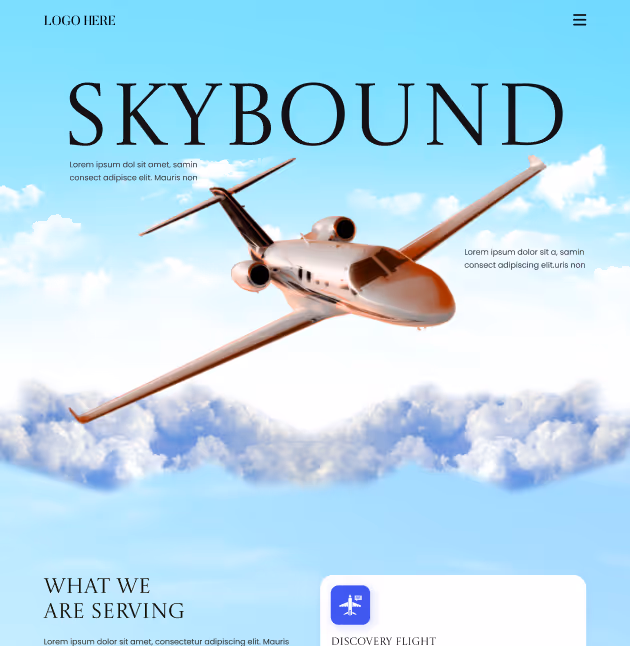 Private jet airplane flying above white clouds in a bright blue sky with the text Skybound and placeholder lorem ipsum text.