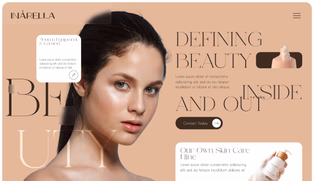 Close-up of a young woman with clear skin and dark hair against a beige background with beauty and skincare text overlays.