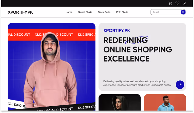 E-commerce website homepage with a man in a pink hoodie, navigation menu, and text highlighting online shopping excellence.